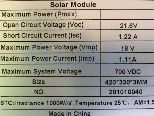 Сонячна панель 20 Watt 18 V 1,22 A